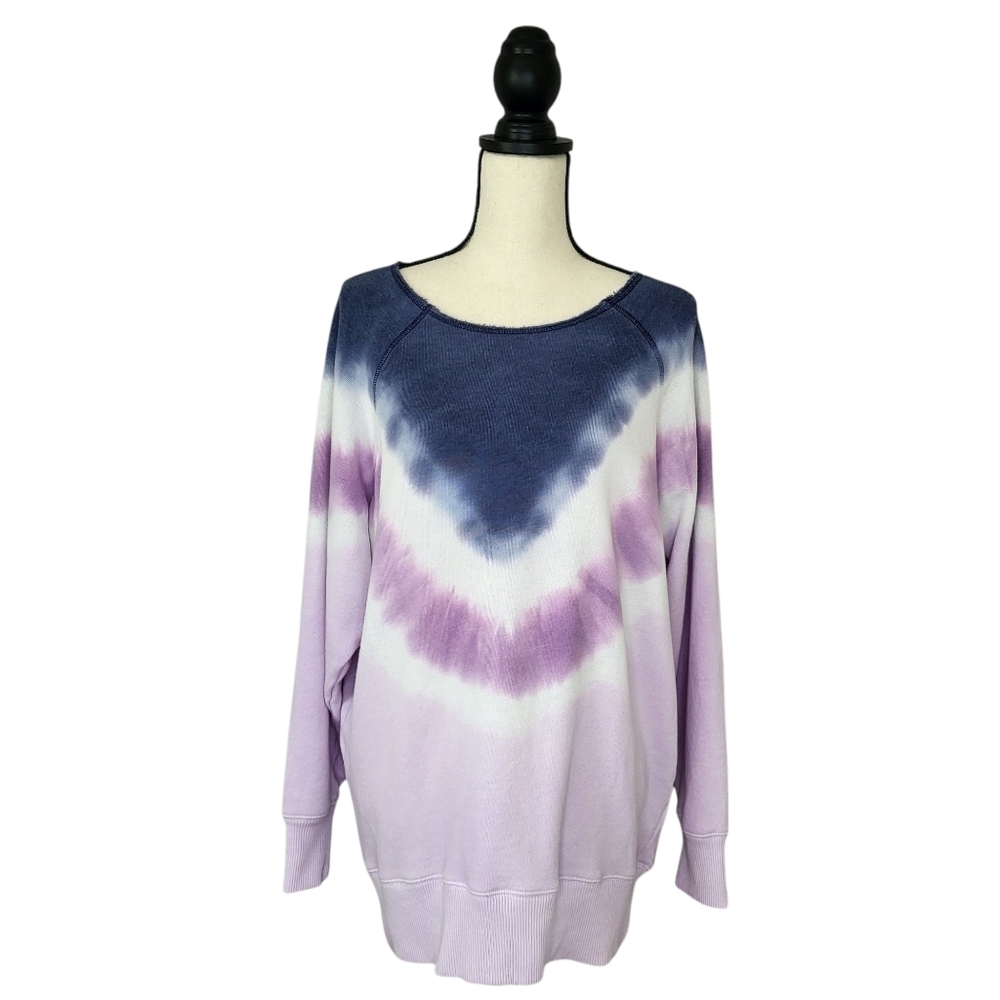 Aerie Sweatshirt Tie Dye Blue Purple White Oversized Distressed Raw Hem Size S